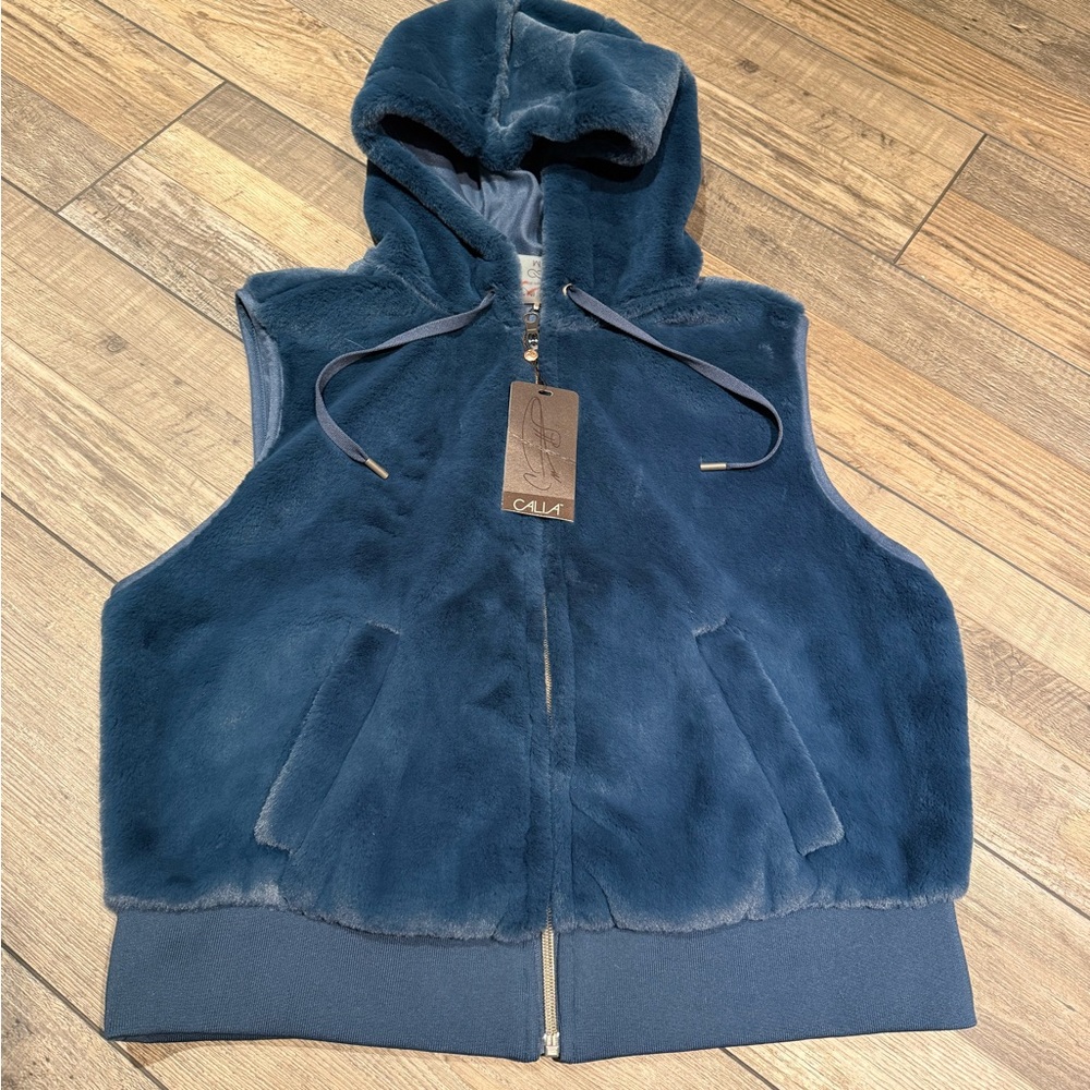 Blue Faux Fur Hooded Vest CALIA Medium NWT